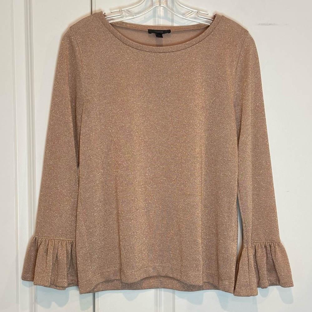 J. Crew Rose Gold Metallic Ruffle Cuff Long Sleeve Top M
